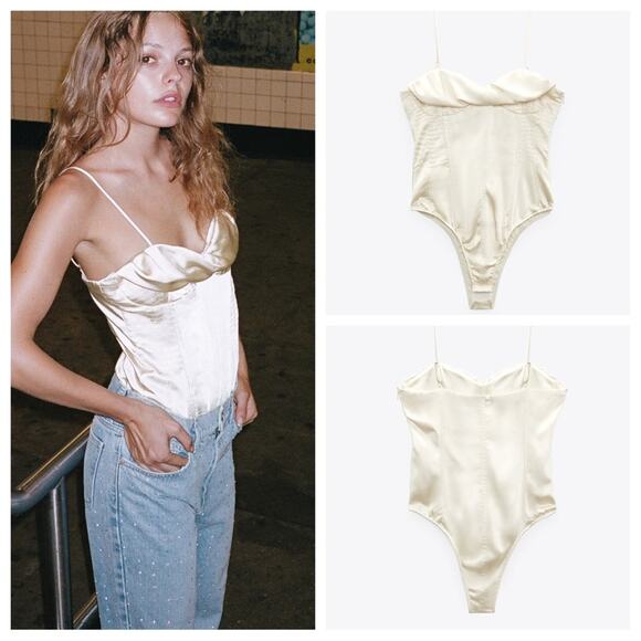 Zara Tops - Zara Satin Effect Draped Bustier Bodysuit Size XS in Ivory NWT